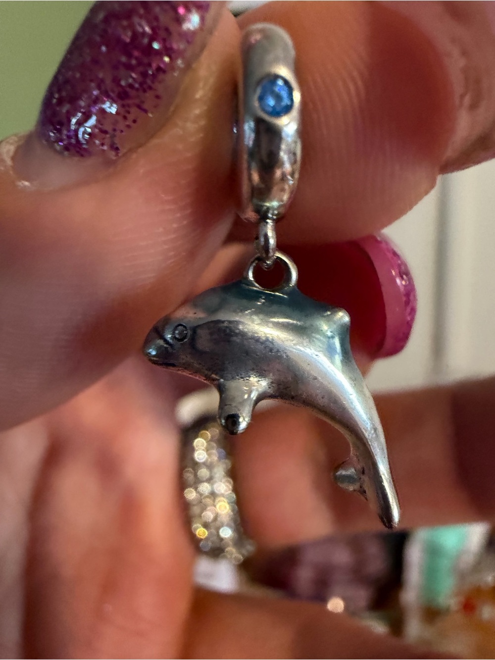 Pandora Silver Dolphin Dangle Charm with Blue Stone Accent